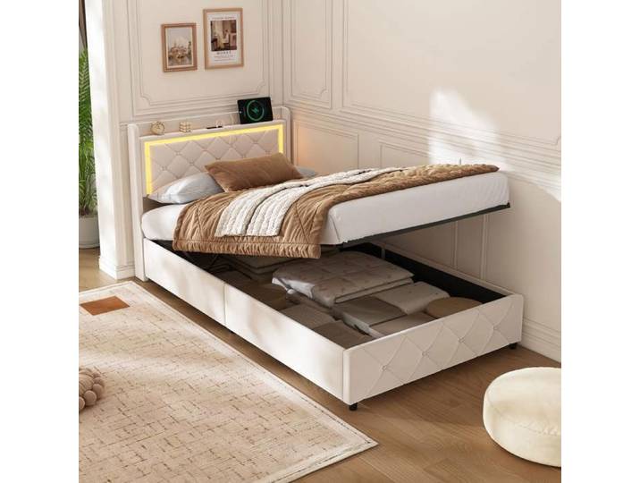 DADEA-Lit Coffre Capitonné 90x200 avec LED et USB Cadre de Lit 90x200 Lit Rembourré Hydraulique Lit Simple Flanelle Beige