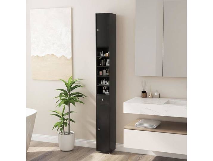 GOPLUS Colonne WC avec 2 Portes 1 Tiroir 5 Étagères Réglables Anti-basculement Meuble Colonne pour Petits Espaces 20x20x180cm
