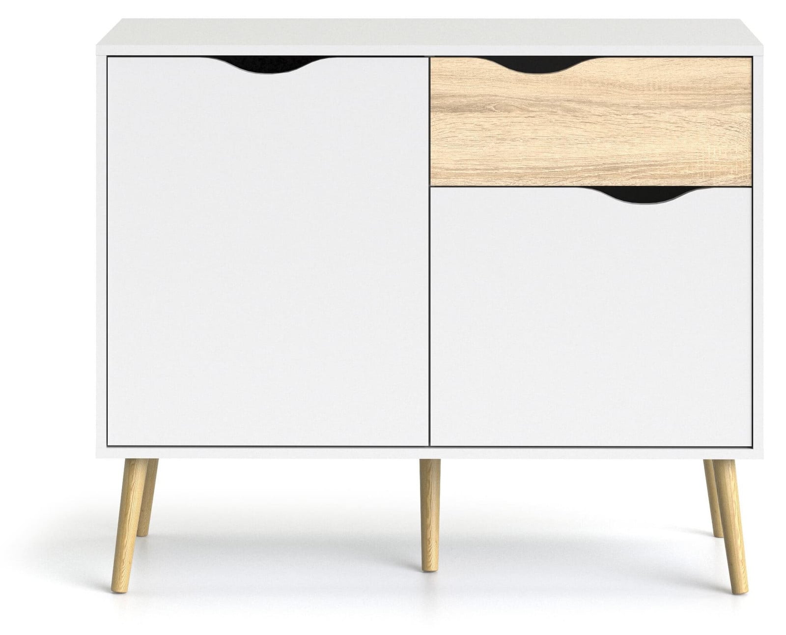 CaliCosy Billund klein dressoir met 2 deuren en 1 lade wit en eikendecor Breedte: 98,7 cm