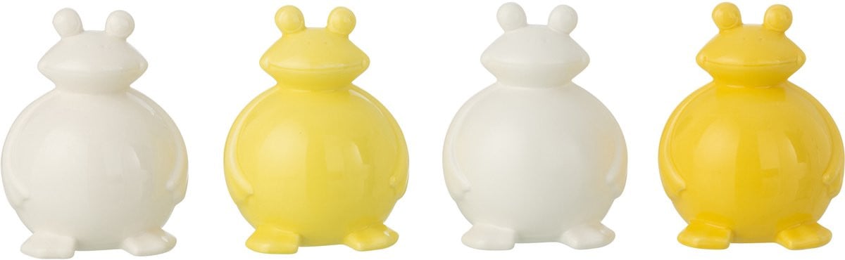 J-Line decoratie Kikker - Porselein - Wit/Geel - Set van 4