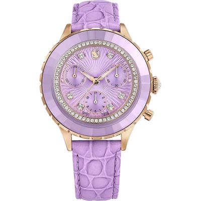 Chronograph SWAROVSKI "OCTEA CHRONO", lila, Armbanduhren, Damen, Chronograph, Quarzuhr, Armbanduhr, Damenuhr, Swiss Made, Lederarmband, analog