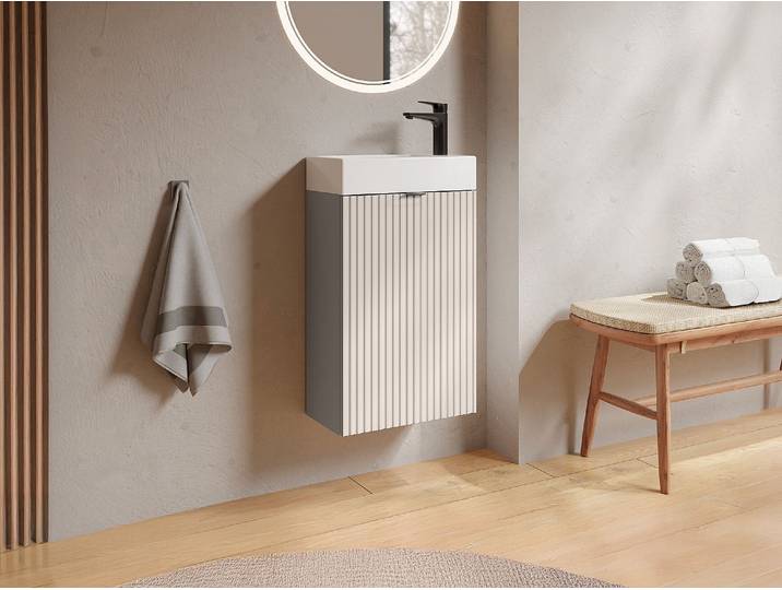 Handwaschbeckenschrank geriffelt - Tür wendbar - Beige - 60 x 40 x 22 - VAHIRA