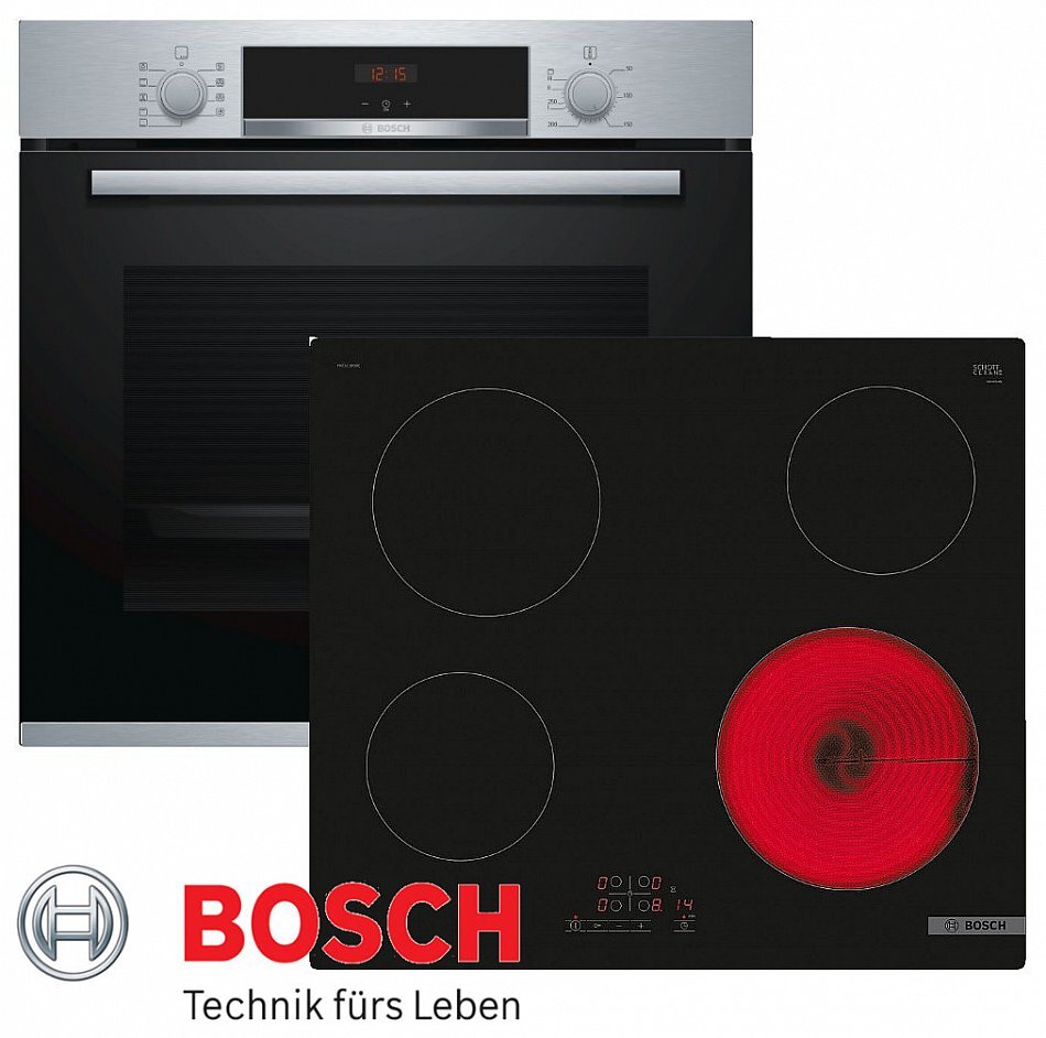 Bosch Autarkes Herdset Backofen Silber 3D Heißluft + Glaskeramik Kochfeld 60cm
