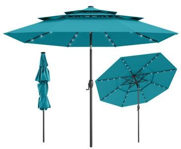 Costway 10 Feet Solar Patio Umbrella with 32 LED Lights 3-Tier Vented Top-Turquoise