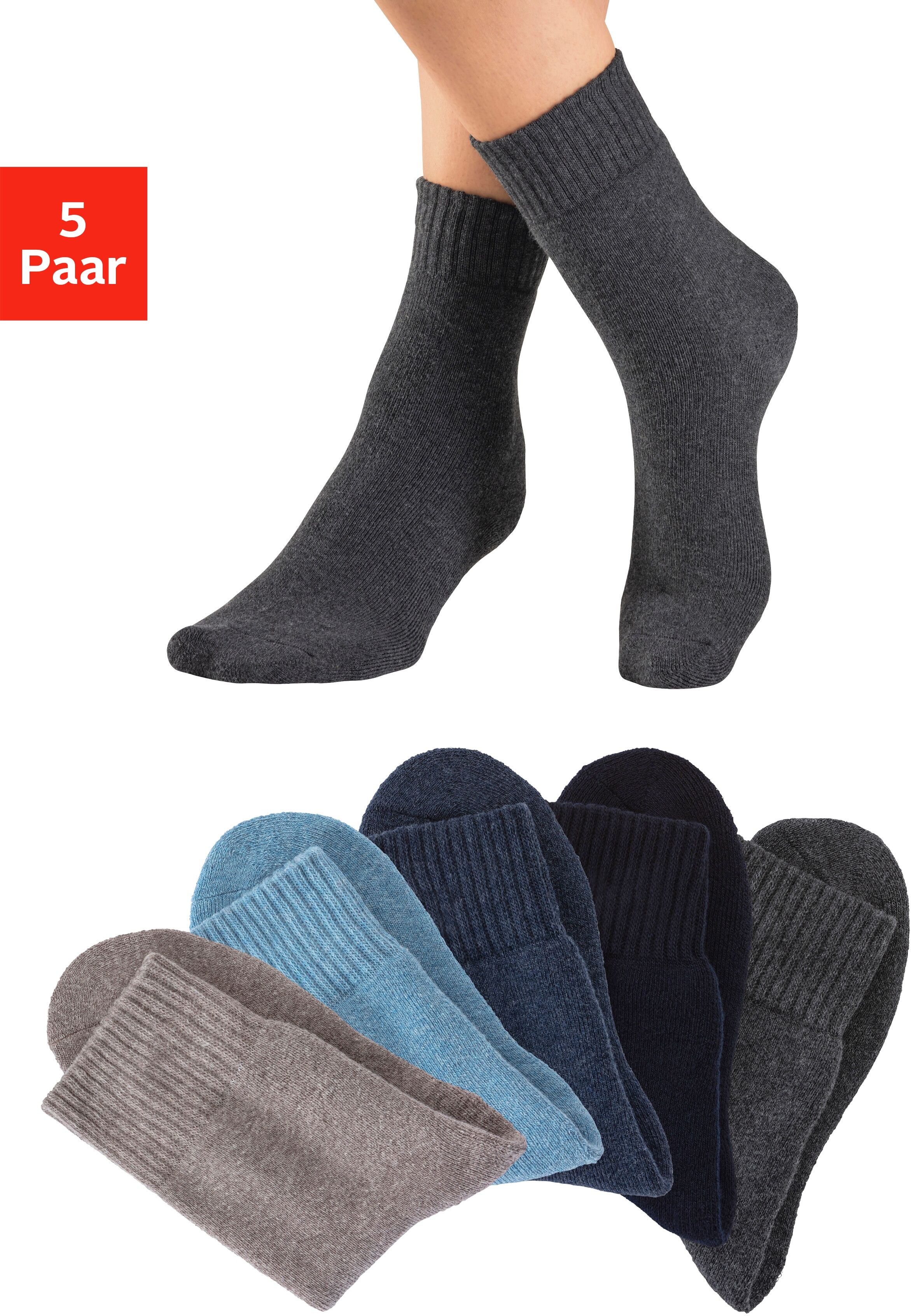 Basicsocken LAVANA "Damen und Herrensocken Thermosocken", Damen, Gr. 35-38, bunt (1x anthrazit meliert, 1x marine, 1x dunkel jeans meliert, 1x hell jeans meliert, 1x beige meliert), Baumwollmischung, elastisch, Socken Basicsocken, für kalte Tage mit Vollf