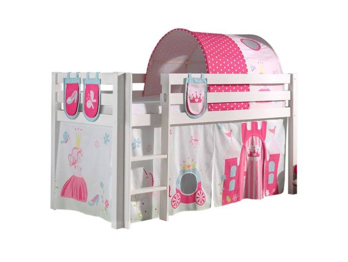 Pack - Lit Enfant Surélevé Tente 3 Pochettes & Tunnel  Pino Princesse  Blanc