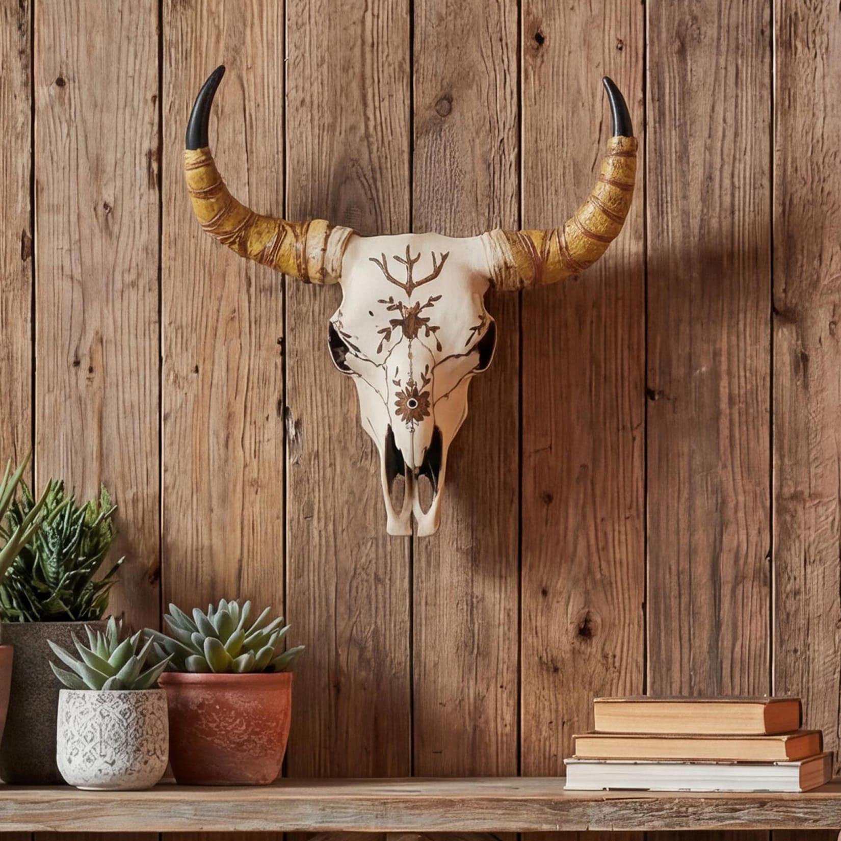 Deko Schädel MCW-Q11, Polyresin Stier Bulle Longhorn Kopf Trophäe mit Verzierung, In-/Outdoor 41cm