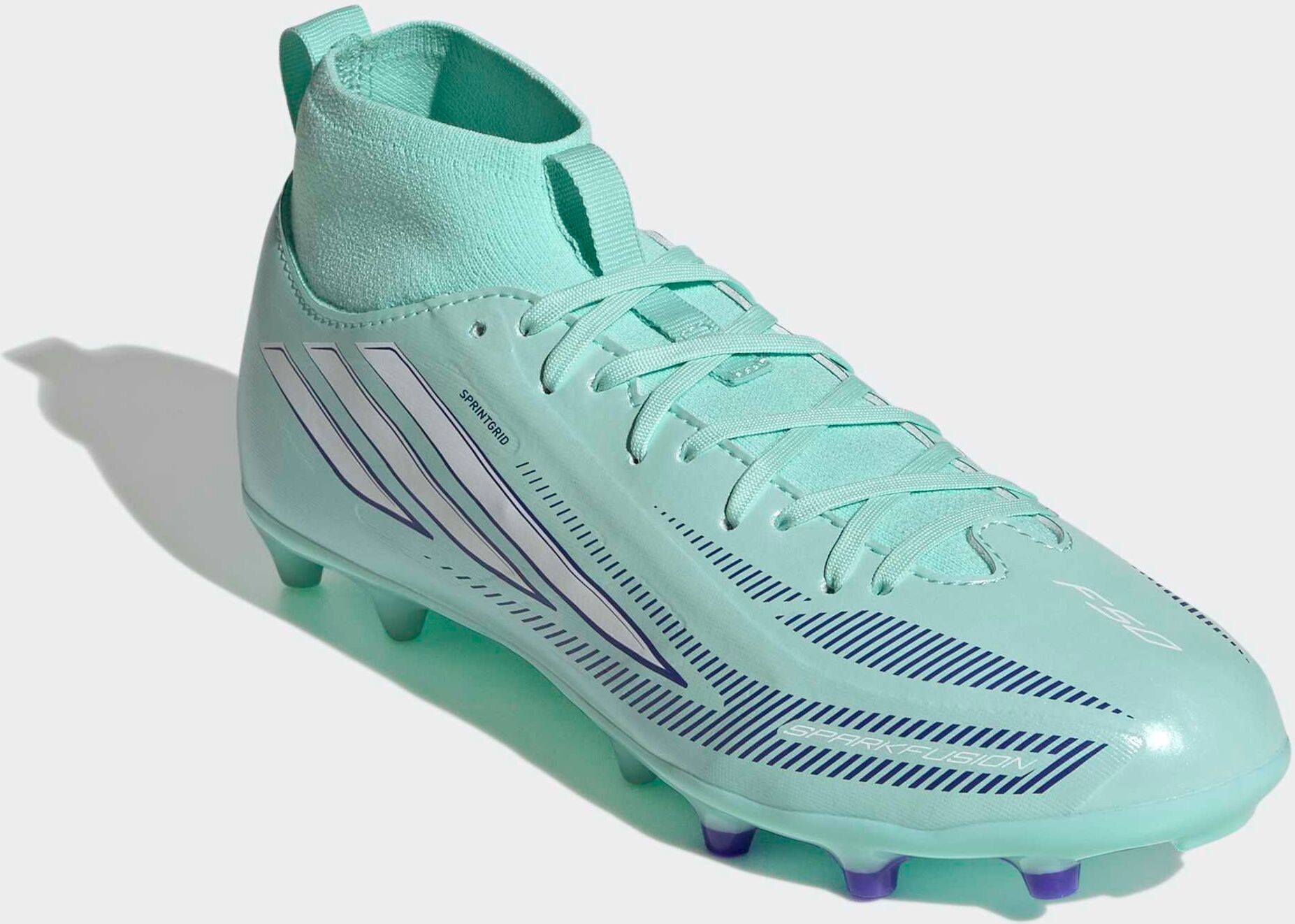 Fußballschuh ADIDAS PERFORMANCE "F50 SPARKFUSION LEAGUE KIDS, NATURRASEN / KUNSTRASEN, HALBHOCH", Kinder, Gr. 35, grün (clear mint, ftwr weiß, solar lila), Synthetik, Textil, Schuhe Fußballschuh, für Rasen und Kunstrasenplätze geeignet