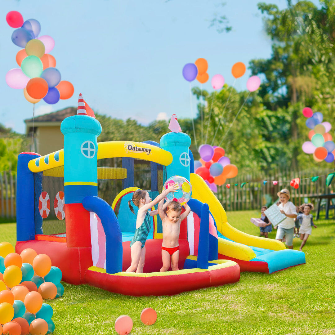 Outsunny Kids Bouncy Castle with Slide Pool Trampoline Climbing Wall w/ Blower Blue;Red;Yellow 3