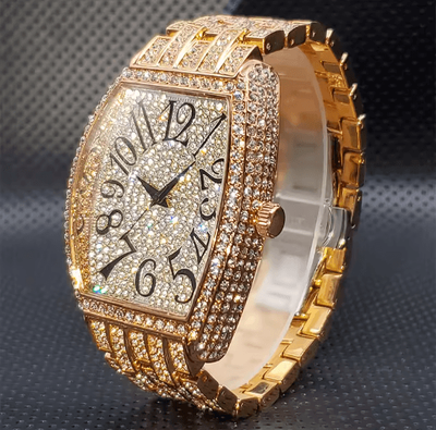 Inspire Picks Luxury Iced Out Tonneau Stainless Steel Quartz Watch For Men df01 Rose Gold