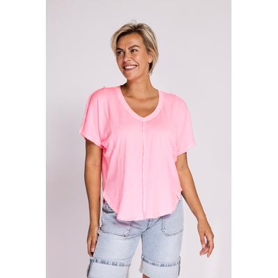 Kurzarmshirt ZHRILL "RYA", Damen, Gr. M, pink, Single Jersey, Obermaterial: 100% Baumwolle, unifarben, normal hüftbedeckend, V-Ausschnitt, leicht ausgefranste Kante, Shirts, normale Passform, Kurzarm, mit V-Ausschnitt, unifarben