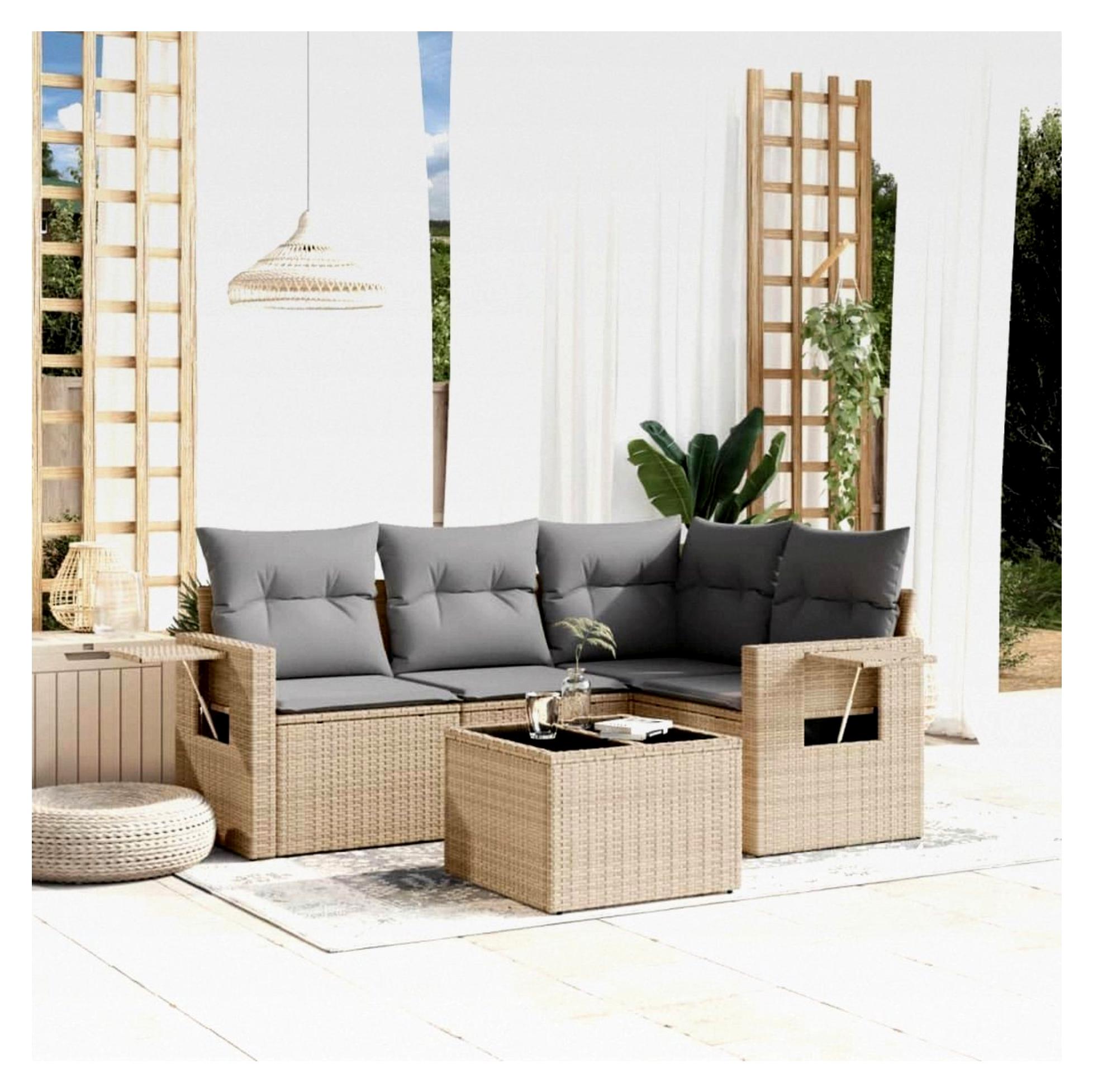 Balkon Lounge Rattan mit Stauraum Gartenlounge Klein Sofa Ecklounge Rattansofa Sitzecke