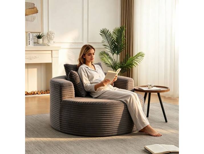 Fauteuil lounge rond surdimensionné velours côtelé fauteuil nuage moderne assise profonde salon chambre -110 × 110 × 82 cm Gris