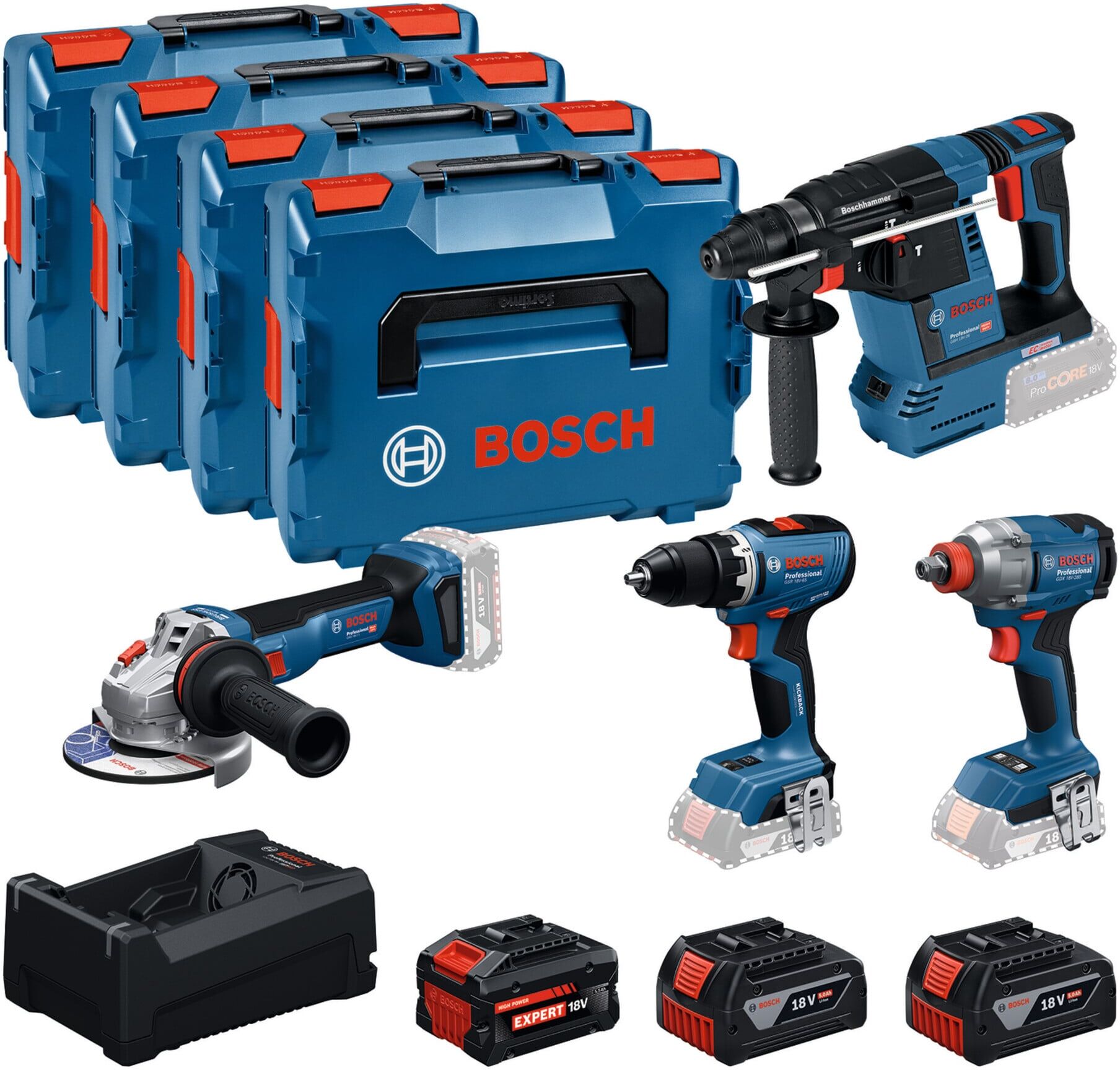 Bosch Elektrowerkzeug-Set GSR 18V-65 GDX 18V-285 GBH 18V-26 GWS 18V-11 2x 5.0Ah Akku (0615A500BJ)