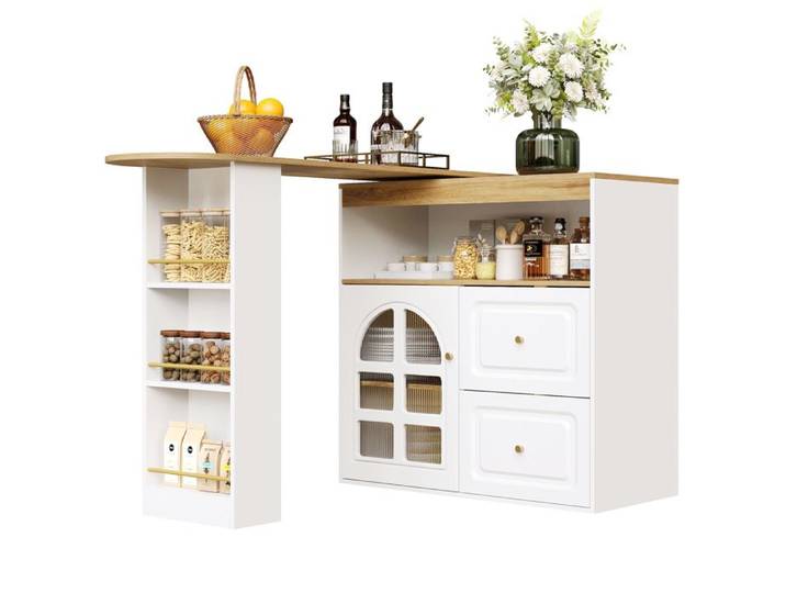 Table Bar Haute Extensible avec Rangements Buffet Bar Rotatif 360° en MDF Tiroirs Niches Ouvertes et Porte Vitrée Arquée Blanc