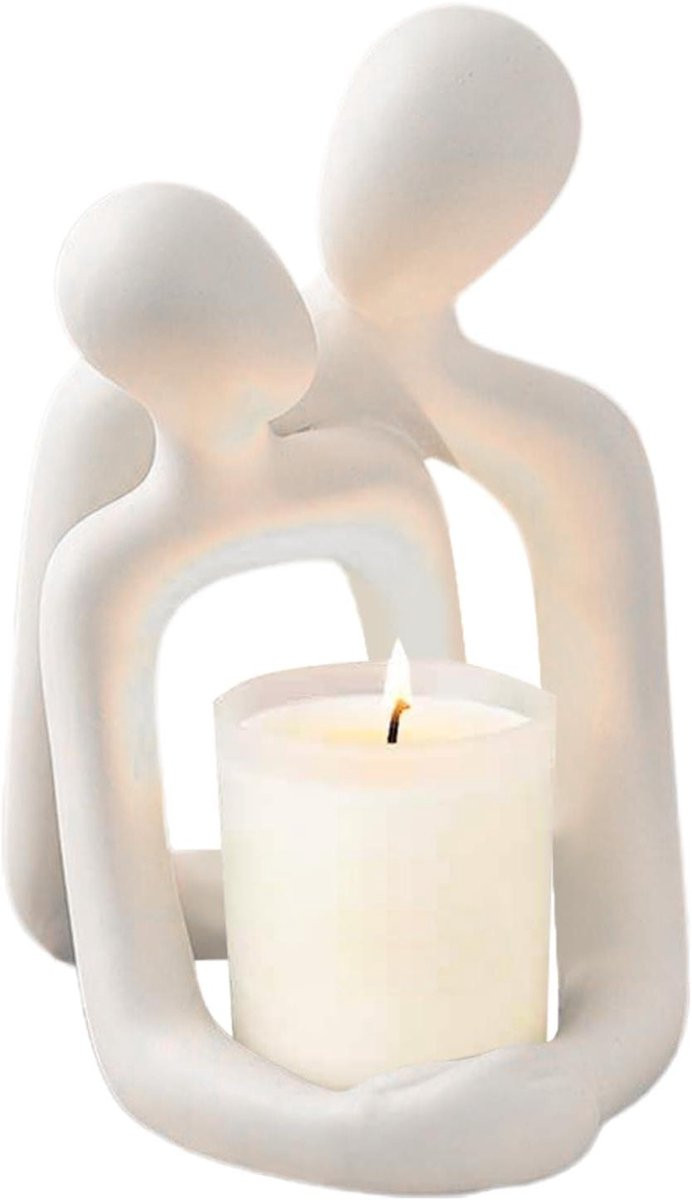 Abstract Liefdesbeeld Koppel Beeldje met Kandelaarfunctie Wit - Hoogte: 16 cm