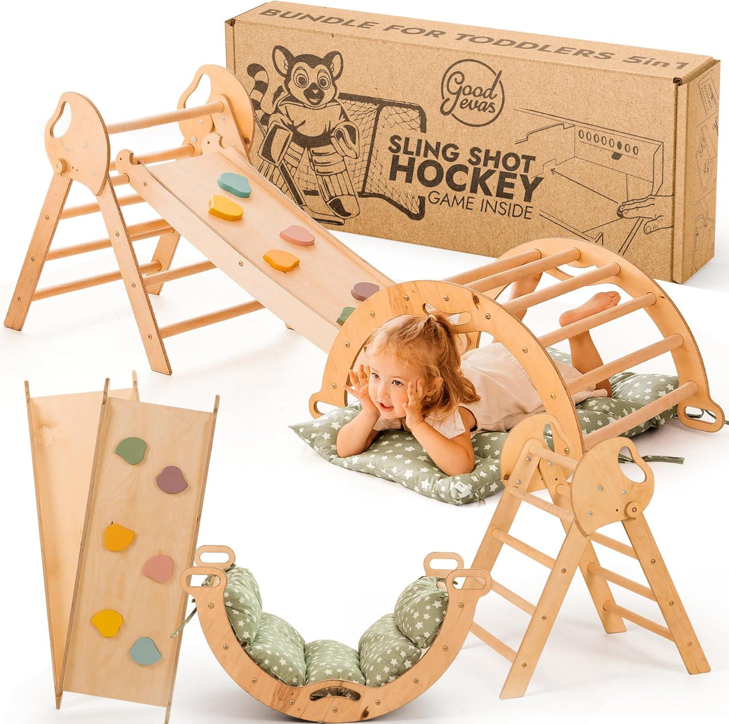 Goodevas 5-in-1 Houten Montessori Klimrek Binnenspeeltuin voor kinderen van 1-3 jaar
