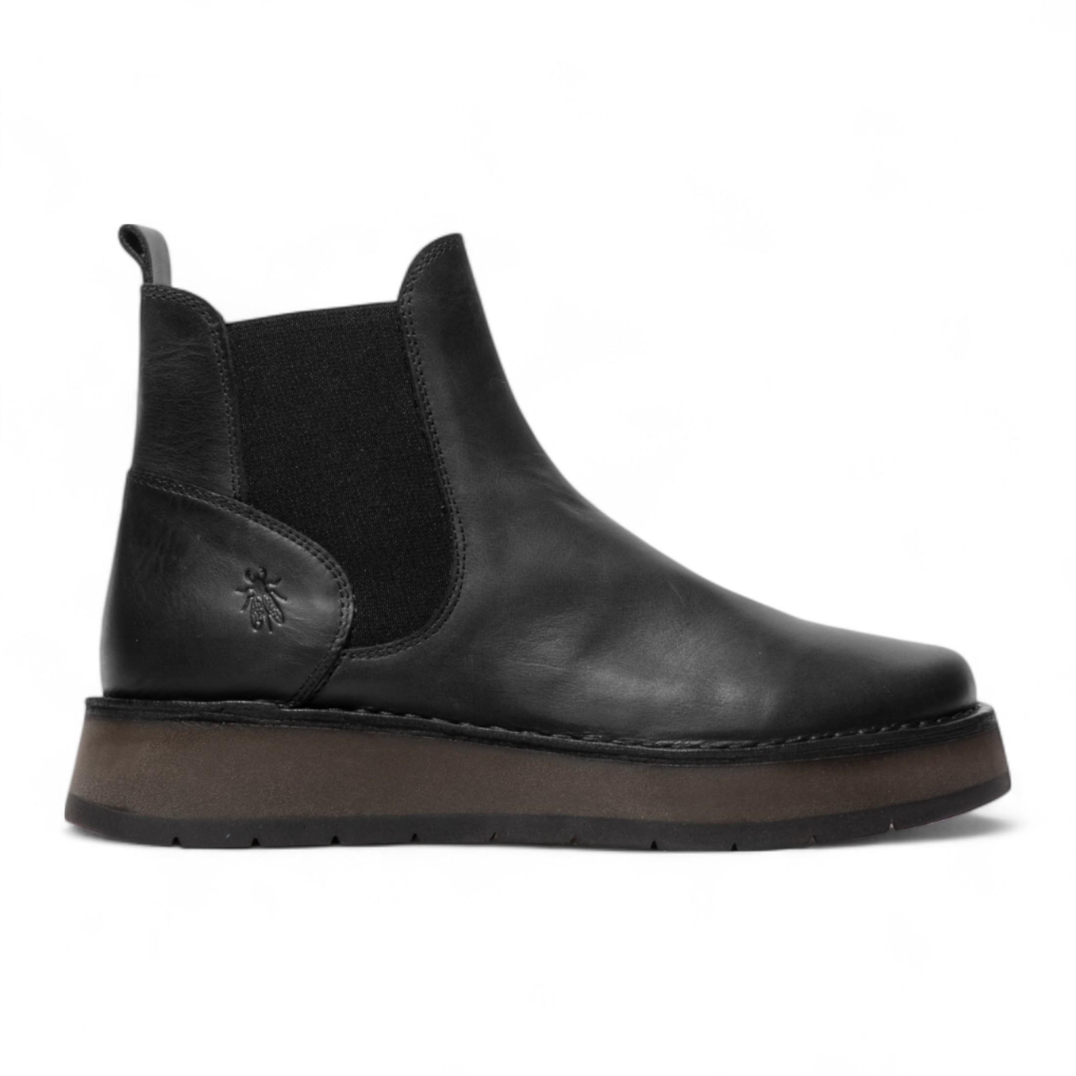 Fly London Damen RAWI131 Chelsea-Stiefel aus Leder, knöchelhoch, zum Hineinschlüpfen, klassisch, bequem, Schwarz