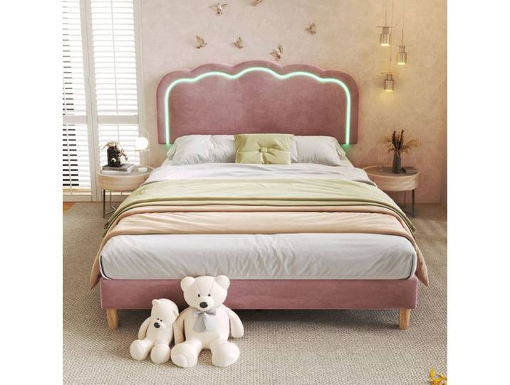 Lit capitonné velours 140x200 cm tête de lit avec éclairage LED pour adultes/adolescents rose.