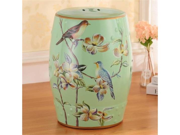 Keramik-Gartenhocker mit Blumendesign – Durchbrochener Beistelltisch Terrassenhocker, 28x46 cm, Deko für drinnen & draußen(Chinoiserie V)