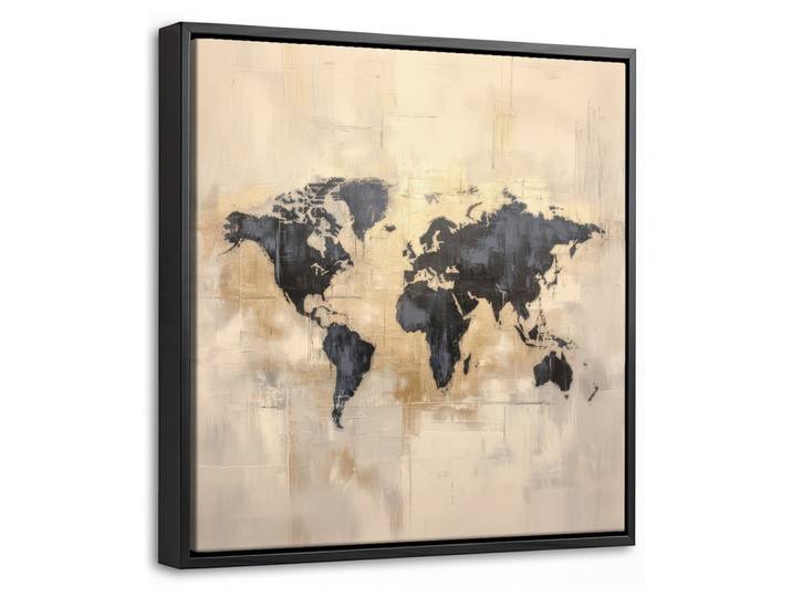LEINWAND Bilder mit Rahmen - Weltkarte - Gold - Schwarz - Abstrakt - 20x20