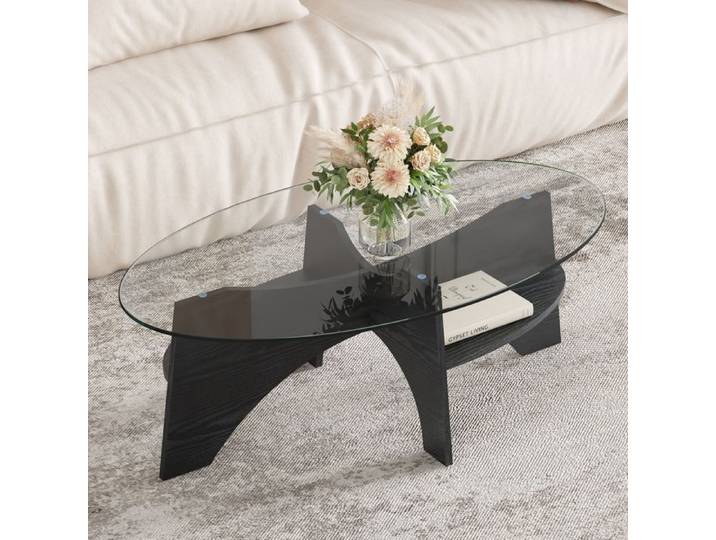 VLIVRA Table basse ovale design moderne en mdf noir avec surface en verre de sécurité pour salon