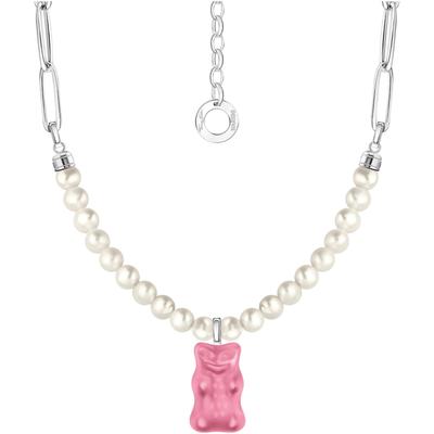 Kette mit Anhänger THOMAS SABO "THOMAS SABO x HARIBO Schmuck: Gliedercollier mit Goldbär" Gr. 45, weiß (silberfarben, pink, weiß), Halsketten, Damen, 45, Perlen Silber 925 (recycelt), Perlen, Silber 925 (recycelt), mit Kristallglas - mit...