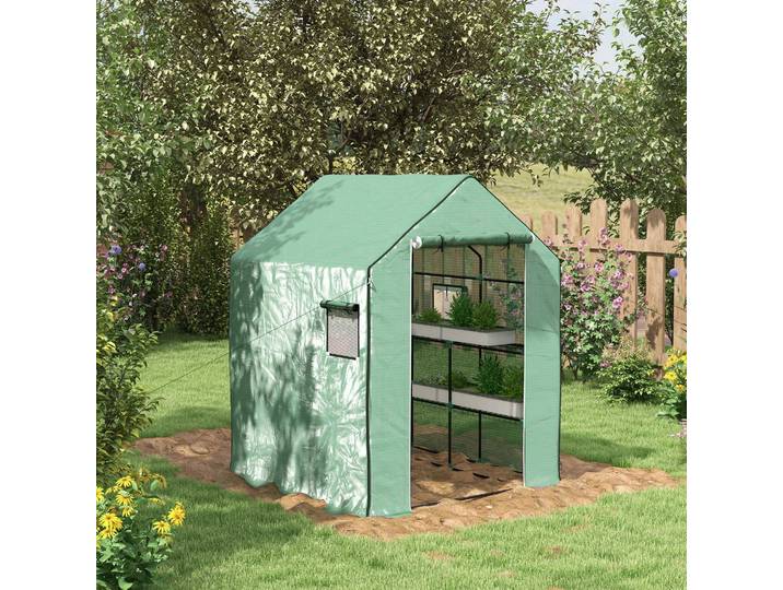 Outsunny Serre Jardin PE 1 Porte 3 Étagères 140x143cm