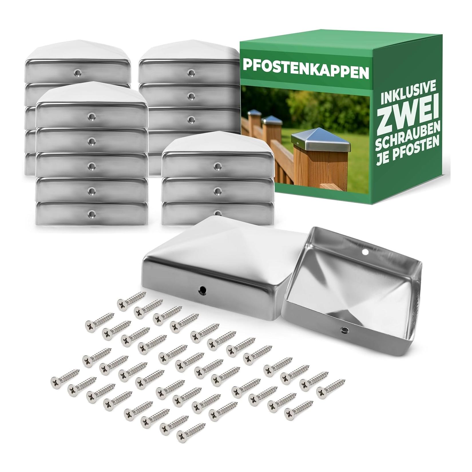 Novatool 20x Edelstahl Pfostenkappen Sparset 91x91mm mit Schrauben , Pfostenabdeckung Pfostenkappe 9 ,1cm Holzpfosten Zaunpfosten Abdeckung Abdeckkappen Abdeckkappe Zaunkappe Zaunkappen Pfostenschuhe