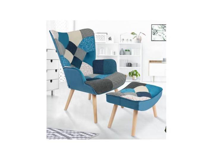 IDMARKET Fauteuil scandinave IVAR avec repose pieds en tissu patchwork et velours bleu