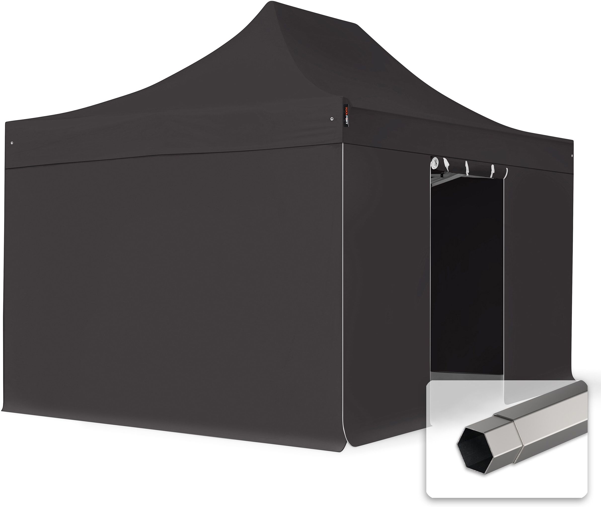 TOOLPORT 3x4,5m Teräs pop-up teltta, sis. 4 sivuseinää, musta - (600115)
