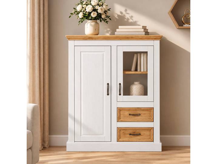 Highboard OTTO HOME Selma Kommode, Vitrine mit 2 Türen, 1 mit Glaseinsatz und 3 Schubladen , weiß (weiß, beize), B:100cm H:120cm T:38cm, Sideboards, Highboard, Vitrine, Breite 100 cm