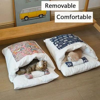 Inspired Living Kawaii Cozy Cat Bed Cave With Removable Cushion blue s