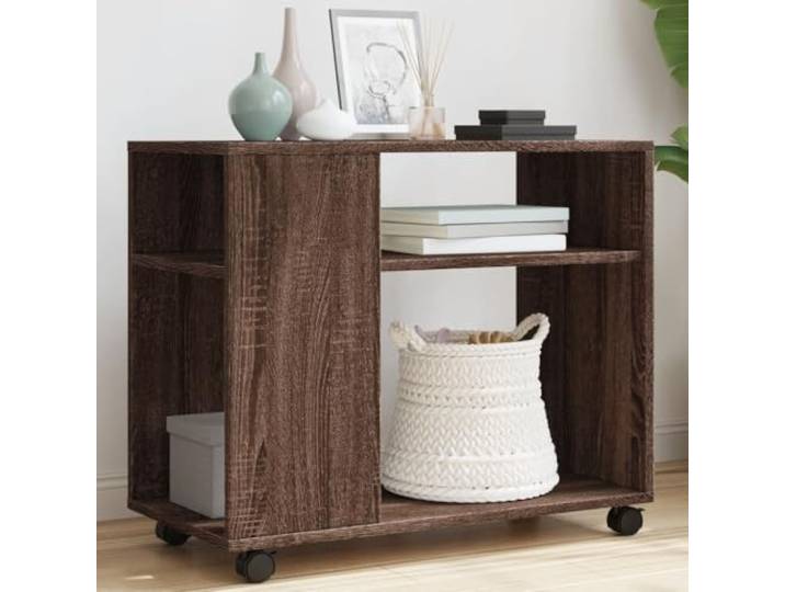 KLGBNCVE Beistelltisch mit Rollen Braun Eiche Holzwerkstoff 70x35x60 cm Zwei Ablagen, vier Rollen, zwei feststellbar, pflegeleichte Oberfläche, vielseitig für Wohnzimmer, Küche, Schlafzimmer