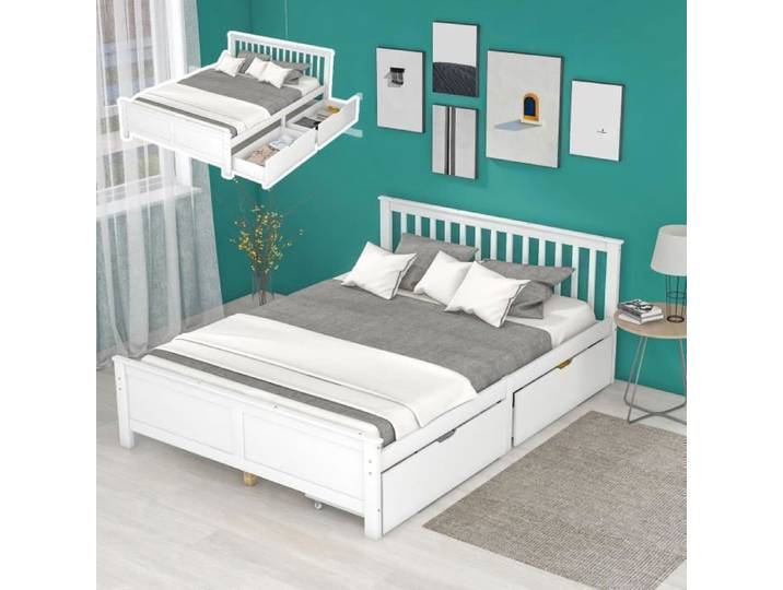 Lit double avec tiroirs - 140x200cm - Bois Kiefer et MDF - Blanc - Montage facile