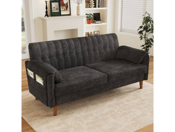 Merax 2-Sitzer Sofa aus Chenille, kleines Sofa mit Dicker Polsterung,Grau Getuftete Rückenlehne, Taschenfederkern, 2 Armlehnenkissen, Seitentaschen