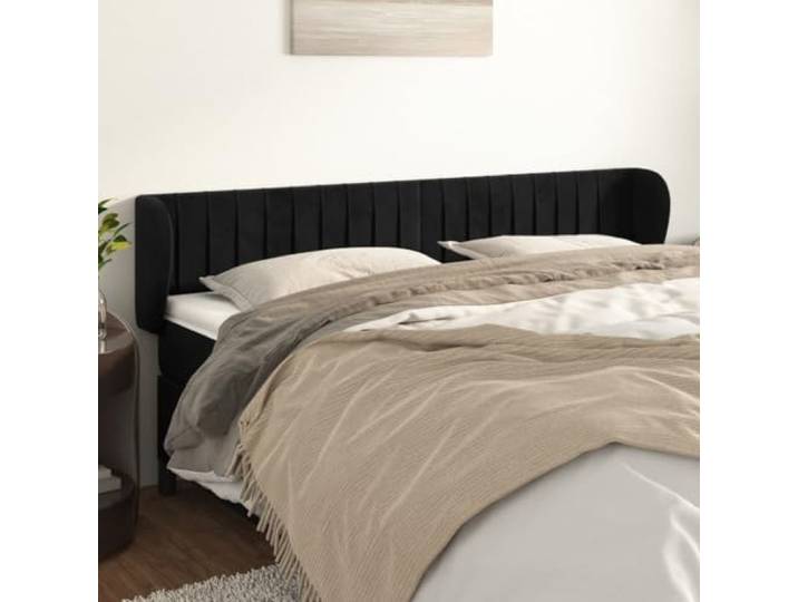 RJPLMFV Kopfteil mit Ohren, Schwarz, 163 x 23 x 78/88 cm, Samt Höhenverstellbar, stabile Holzfüße, Rückenstütze, Lieferung mit Montageanleitung