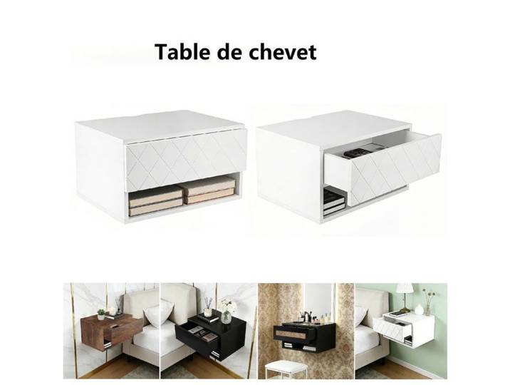 2PCS Table de chevet Suspendu avec Tiroir et Compartiment Ouvert Blanc Table de Nuit murale 40x29x23cm pour chambre