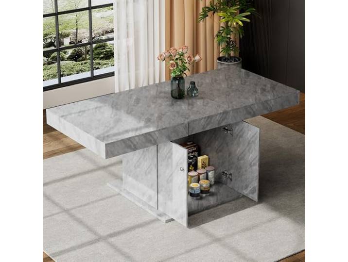Merax ausziehbarer Esstisch 140/180x80 cm in Betonoptik, rechteckig mit Stauraum, automatischer Teleskoptisch, platzsparender Kaffeetisch, multifunktional für 4–6 Personen, Grau