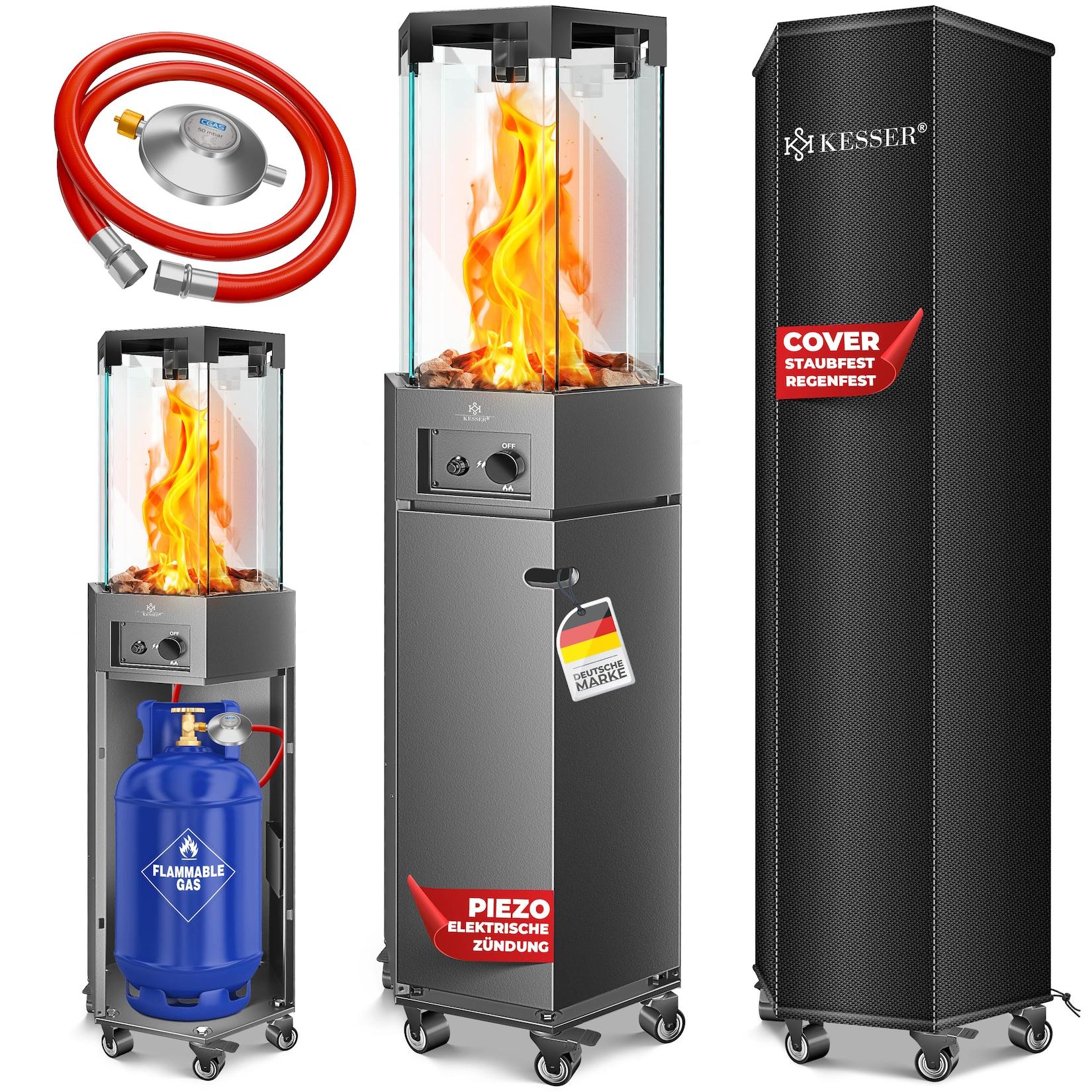 KESSER® Gasheizstrahler 4/8 kW Gas Piezozündung Heizung + Gasdruckregler + Cover, 360° Rollen Kippschutz, Terrassenheizstrahler Gasheizung Gasheizer Outdoor Kamin Mobiler Heizpilz, Heizer, Schwarz