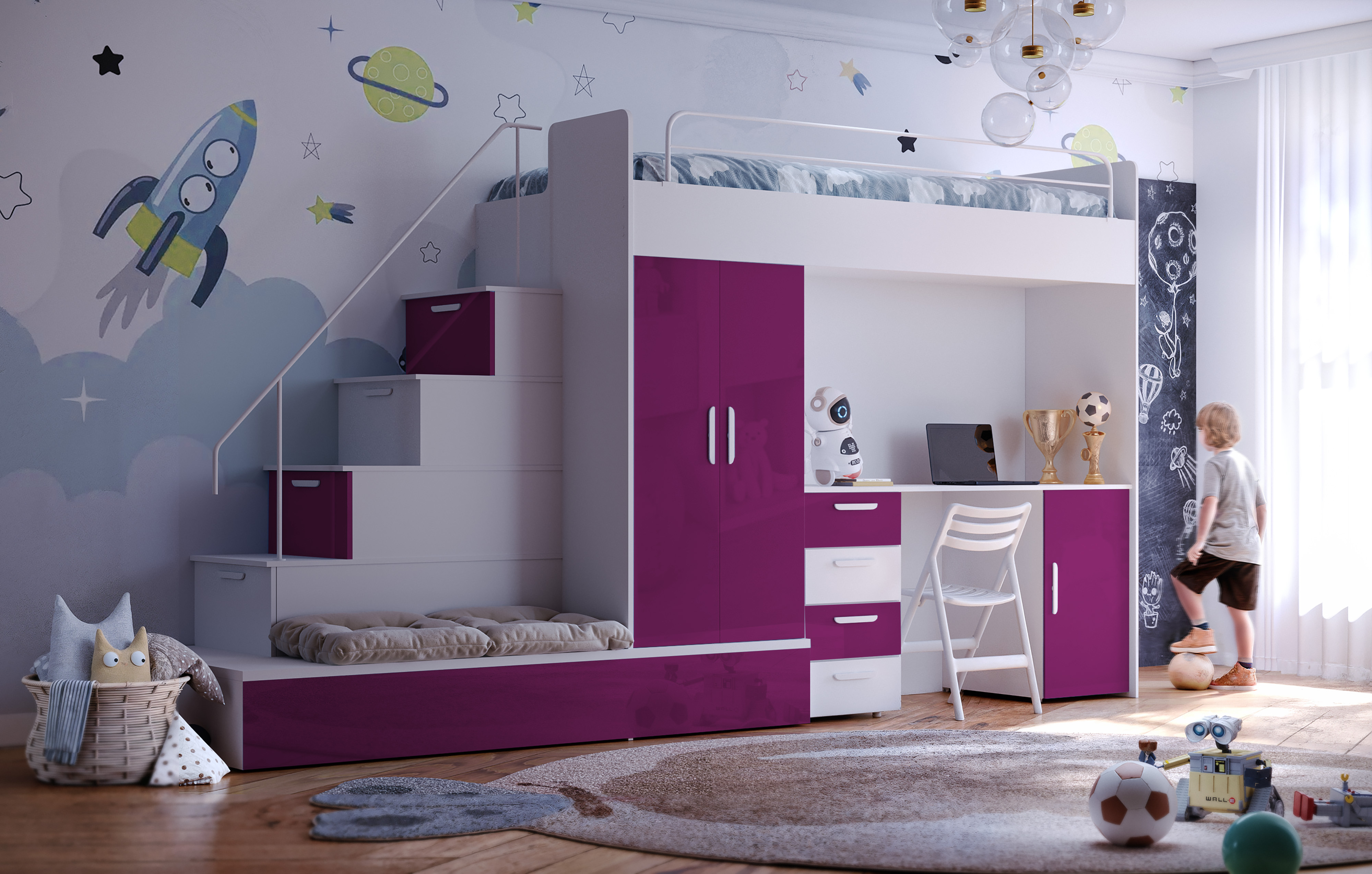 Etagenbett FELIX 5, Hochglanz Kinderbett, Hochbett, MIT Matratze und Lattenrost ( Weiß + Violett, Glanz )