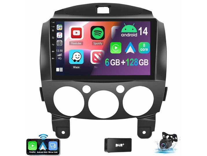 ESSGOO Für Mazda 2 2007-2013 Android 15 6+128G 8-Kern Autoradio (RDS, Digitalradio (DAB), FM, AM, Apple Carplay Android Auto GPS Navi WIFI BT)