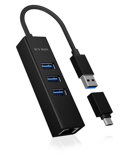 ICY BOX IB-HUB1419-LAN USB-Hub 4 Port USB-A, RJ45 USB 3.1 Gen1 5 GBit/s mit eingebautem Netzwerk-Anschluss Schwarz IB-HUB1419-LAN