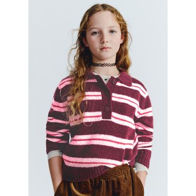 Polokragenpullover MARC O'POLO "aus weichem Garn", Mädchen, Gr. 176, rot, Strick, Obermaterial: 40% Polyamid, 25% Polyacryl, 25% Polyester, 10% Wolle, geringelt, relaxed fit normal, Rippbündchen, Pullover, enthält Wollanteil