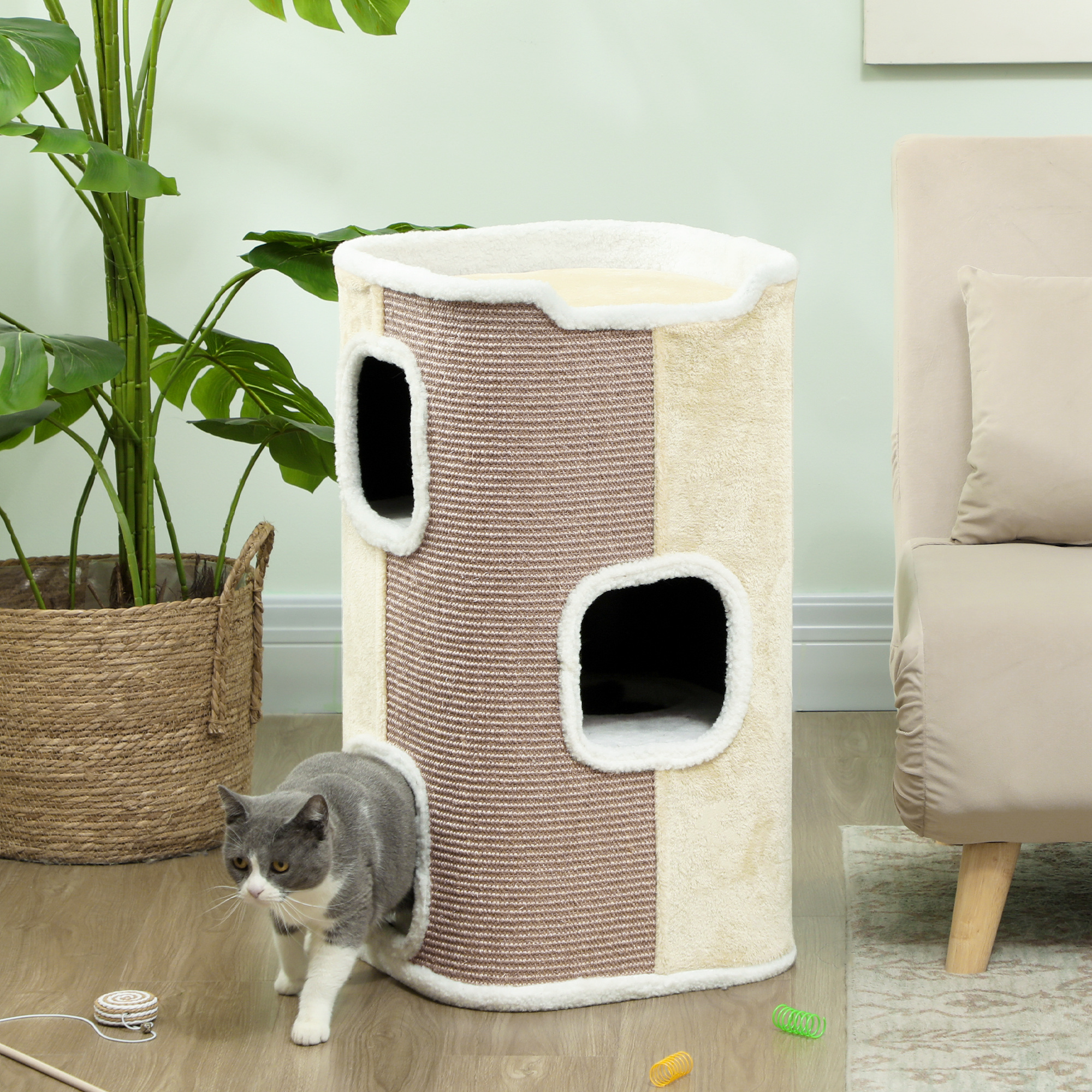 Pawhut Torre tiragraffi per gatti, albero per gatti, 3 livelli, robusto, morbido peluche, rifugio, Beige   Aosom Italy