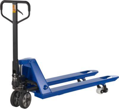 Palettenhubwagen, manuell, Gummi-Lenkrollen, Nylon-Tandemrollen, 1150 mm Gabellänge, bis 2500 kg, blau