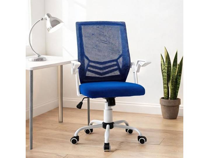 Chaise de bureau ergonomique bleue à dossier en tissu respirant et accoudoirs relevables pour le travail à domicile