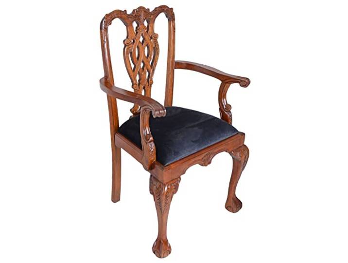 PALAZZO INT Armlehnstuhl Chippendale Mahagoni schwarz Samt 60x40x100 cm Antik Stil Esszimmerstuhl handgearbeitet mit Schnitzereien Reproduktion Sessel nostalgisch Stuhl klassisch Vintage