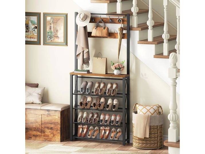 HOOBRO Porte-Manteau Vestiaire Meuble Entrée avec Étagère à Chaussures pour Entrée 76 x 20 x 190 5 cm Marron Rustique