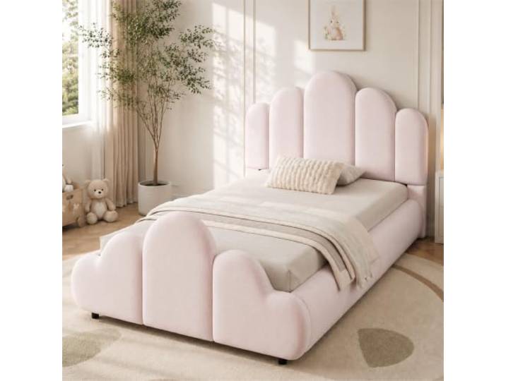 Merax Polsterbett Einzelbett Kinderbett 90x200 cm mit Wolken-Fußende, abgerundeten Ecken & Samtbezug – Rosa (Ohne Matratze)